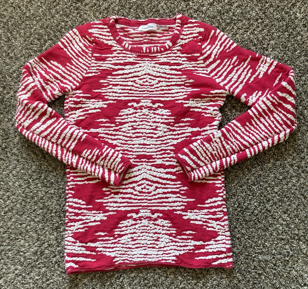 Calvin Klein Terry Pullover Sweatshirt Women Medium Fuchsia White Stripe Lng Slv